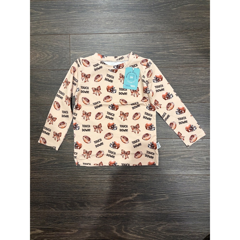 Minikin Mischief Toddler 3T Football Bows Bamboo Long Sleeve Tee Tan Touch Down